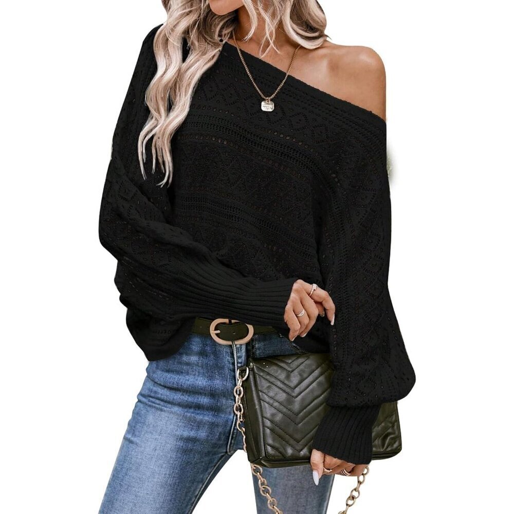 Women's Off Shoulder Sweater Top Crochet Knit Batwing Long Sleeve Fall Fashion
